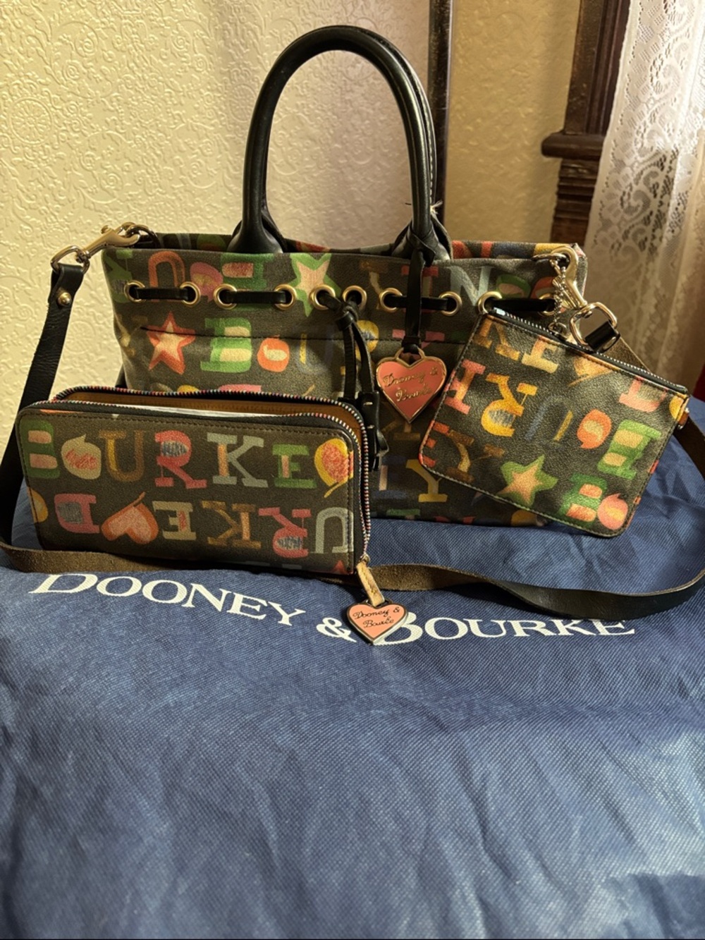 Dooney Bourke 3 pc Rainbow Doodle  satchel vintage Highly collectible Set